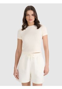 4f - 4F T-shirt slim z waflowej dzianiny damski - biały L. Okazja: na co dzień. Kolor: biały. Materiał: dzianina. Długość rękawa: krótki rękaw. Długość: krótkie. Wzór: kratka. Styl: casual, sportowy, klasyczny #1