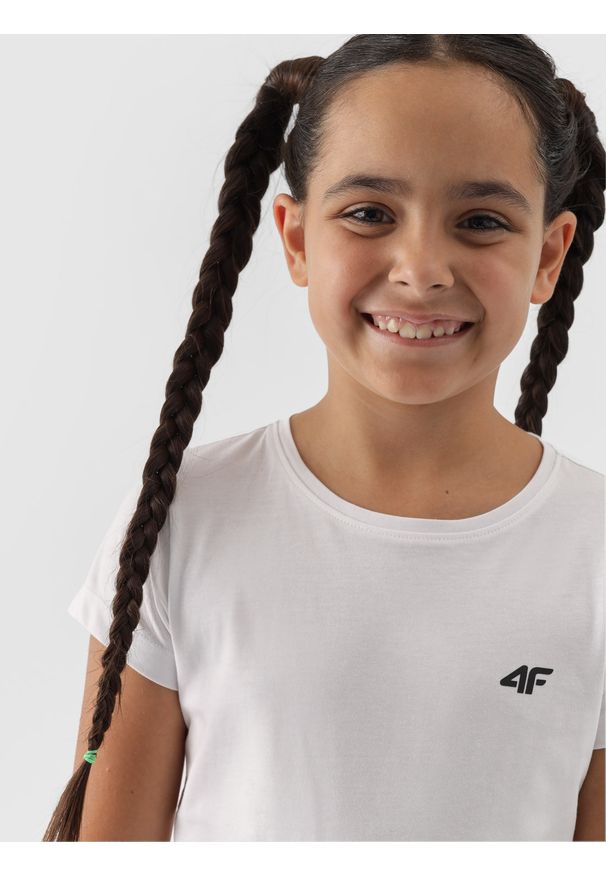 4f - 4F T-shirt gładki dziewczęcy - biały 128 (7-8 lat). Okazja: na co dzień. Kolor: biały. Materiał: bawełna, jersey, dzianina. Długość rękawa: krótki rękaw. Długość: krótkie. Wzór: gładki. Sezon: lato. Styl: sportowy, casual