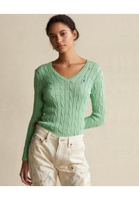 Ralph Lauren - RALPH LAUREN - Bawełniany sweter Slim fit. Typ kołnierza: dekolt w kształcie V, polo. Kolor: zielony. Materiał: bawełna