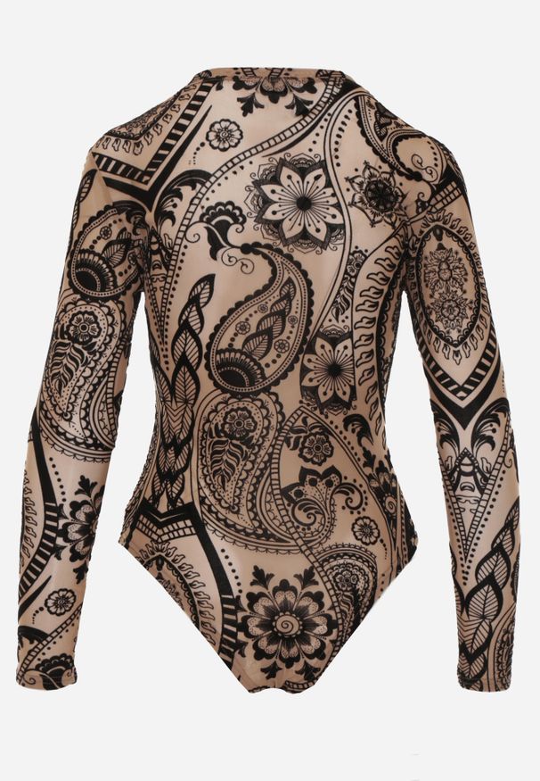 Renee - Brązowe Body z Siateczki Vonegno. Kolor: brązowy. Materiał: wiskoza, welur, jeans. Wzór: aplikacja