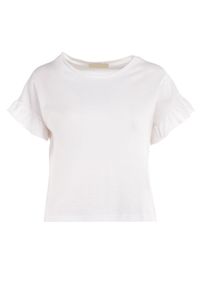 Born2be - Biały T-shirt Flamegan. Typ kołnierza: kołnierz z falbankami. Kolor: biały. Materiał: jeans, bawełna, dzianina, jersey. Długość: krótkie. Sezon: lato #4