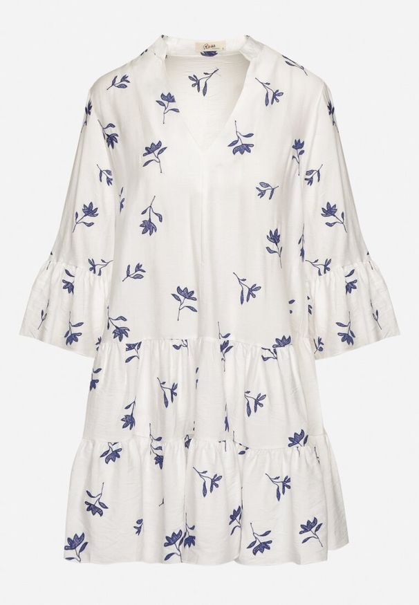 Born2be - Biała Sukienka z Wiskozą o Rozkloszowanym Kroju z Haftem i Falbankami Axneria. Okazja: na co dzień. Typ kołnierza: kołnierz z falbankami. Kolor: biały. Materiał: wiskoza. Wzór: haft. Typ sukienki: rozkloszowane. Styl: casual, klasyczny