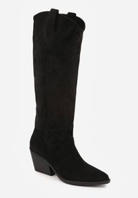 Born2be - Czarne Gładkie Kozaki Kowbojki z Imitacji Zamszu na Stożkowym Obcasie Karelia. Nosek buta: otwarty. Kolor: czarny. Materiał: zamsz. Wzór: gładki. Obcas: na obcasie. Wysokość obcasa: średni #2
