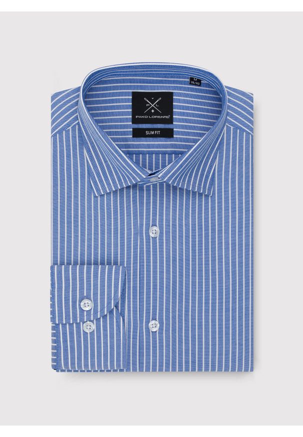 Pako Lorente - PAKO LORENTE – Niebieska koszula męska w paski. Kolor: niebieski. Materiał: bawełna. Długość rękawa: długi rękaw. Długość: długie. Wzór: paski