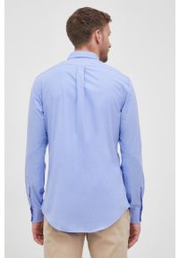Polo Ralph Lauren koszula męska slim z kołnierzykiem button-down. Typ kołnierza: polo, button down. Kolor: niebieski. Materiał: tkanina. Długość rękawa: długi rękaw. Długość: długie. Wzór: aplikacja