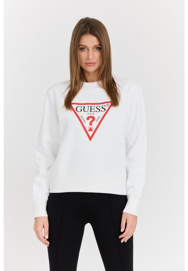 Guess - GUESS Biała damska bluza z dużym logo Original Fleece, Rozmiar L. Kolor: biały. Materiał: poliester, materiał, bawełna