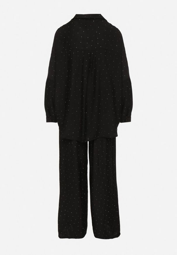 Born2be - Czarny Komplet o Kroju Oversize Koszula i Spodnie Ulosarenia. Kolor: czarny. Wzór: aplikacja