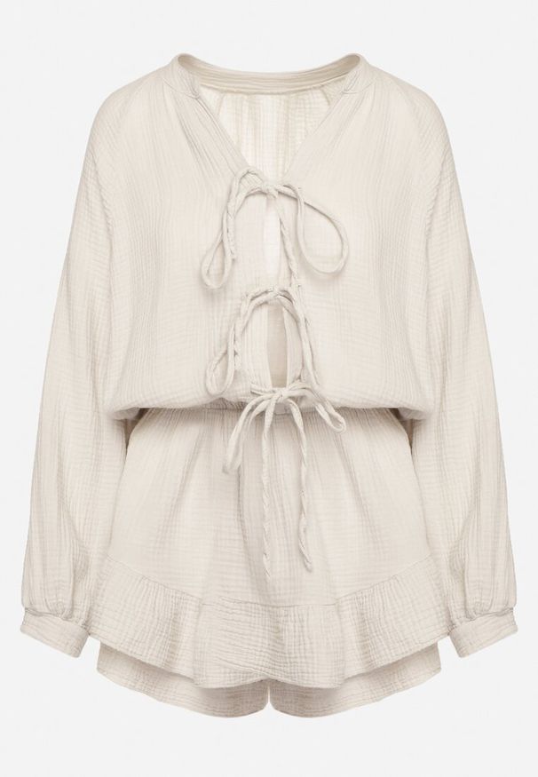 Born2be - Beżowy Wiązany Bawełniany Kombinezon Boho z Falbankami i Wiązaniem Lalelia. Okazja: na imprezę, na co dzień. Kolor: beżowy. Materiał: bawełna. Sezon: lato. Styl: boho