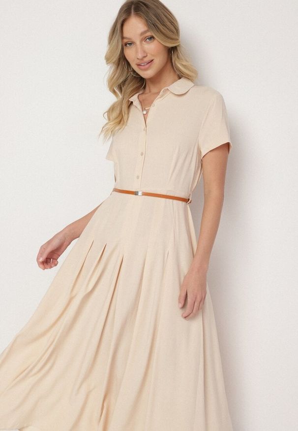 Born2be - Beżowa Wiskozowa Sukienka o Koszulowym Fasonie z Wąskim Paskiem Fillamea. Kolor: beżowy. Materiał: wiskoza. Wzór: aplikacja. Typ sukienki: koszulowe. Styl: elegancki