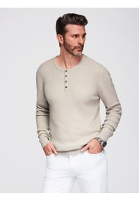 Ombre Clothing - Męski prążkowany sweter z guzikami przy dekolcie - beżowy V3 - Rozmiar: M. Kolor: beżowy. Materiał: prążkowany. Styl: elegancki