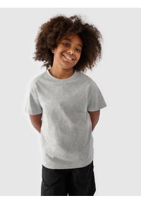 4f - 4F T-shirt gładki dziewczęcy - szary 128 (7-8 lat). Okazja: na co dzień. Kolor: szary. Materiał: dzianina, bawełna, wiskoza, jersey, materiał. Długość rękawa: krótki rękaw. Długość: krótkie. Wzór: gładki. Sezon: lato. Styl: klasyczny, sportowy, casual