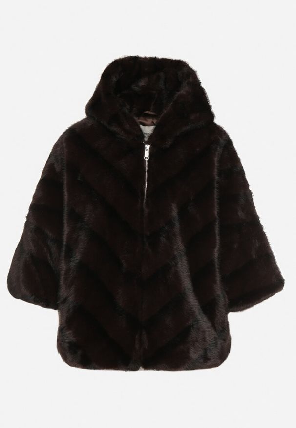 Born2be - Czarna Kurtka Futerko Oversize z Kapturem i Rękawami 3/4 Idanne. Okazja: na co dzień. Typ kołnierza: kaptur. Kolor: czarny. Materiał: futro. Styl: casual, elegancki, klasyczny