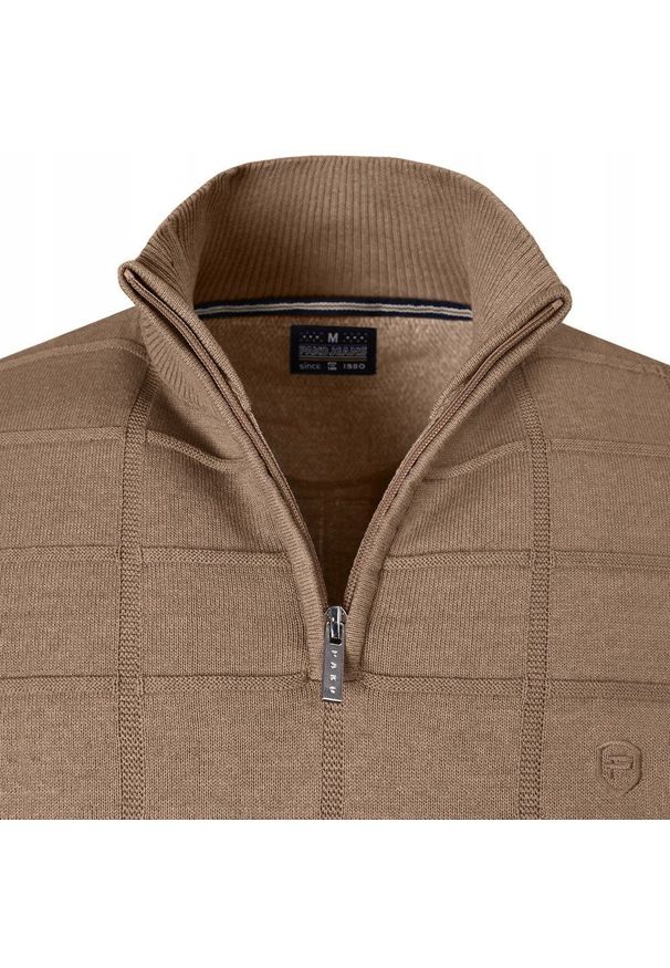 Elegancki Sweter Męski (Zamek) - Pako Jeans - Wysoki Dekolt, Kawa z Mlekiem. Kolor: beżowy, wielokolorowy, brązowy. Materiał: bawełna. Styl: elegancki