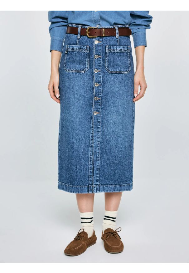 Big-Star - Spódnica damska midi jeansowa granatowa Gaia 627. Okazja: na co dzień. Stan: podwyższony. Kolor: niebieski. Materiał: jeans. Styl: elegancki, klasyczny, casual