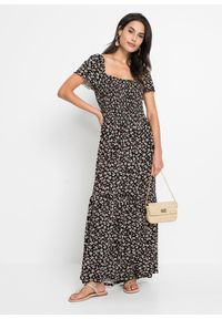 bonprix - Długa sukienka z mieszanki wiskozy. Typ kołnierza: dekolt w karo. Kolor: czarny. Materiał: wiskoza. Długość: maxi #1