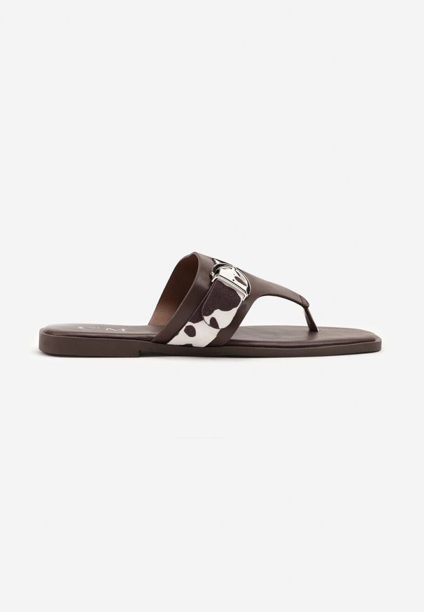 Renee - Brązowe Klapki z Ozdobną Klamerką i Wstawkami Animal Print Savicelle. Kolor: brązowy. Materiał: len. Wzór: nadruk. Sezon: lato. Styl: elegancki