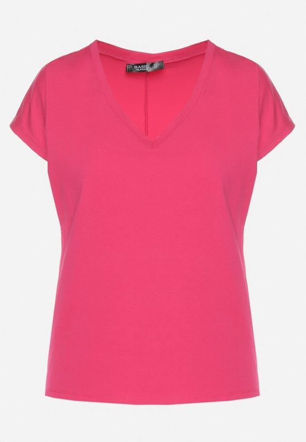 Born2be - Fuksjowy Bawełniany T-shirt z Trójkątnym Dekoltem Linarosea. Okazja: na spacer, na co dzień. Kolor: różowy. Materiał: bawełna. Styl: casual, klasyczny