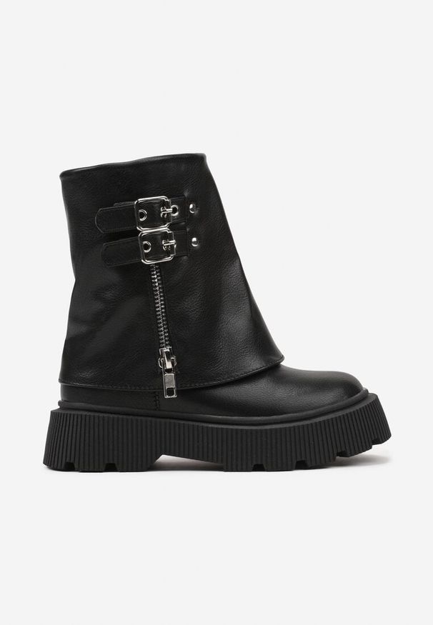 Born2be - Czarne Botki na Grubej Tłoczonej Podeszwie z Wywinietą Cholewką Ozdobnym Suwakiem Tinthelis. Okazja: na co dzień, na spacer. Kolor: czarny. Materiał: jeans. Szerokość cholewki: normalna. Wzór: kolorowy. Styl: klasyczny, casual, elegancki