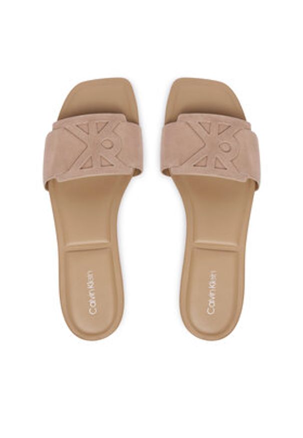 Calvin Klein Klapki Square Flat Sndl Embl Suede HW0HW03055 Beżowy. Kolor: beżowy. Materiał: zamsz, skóra