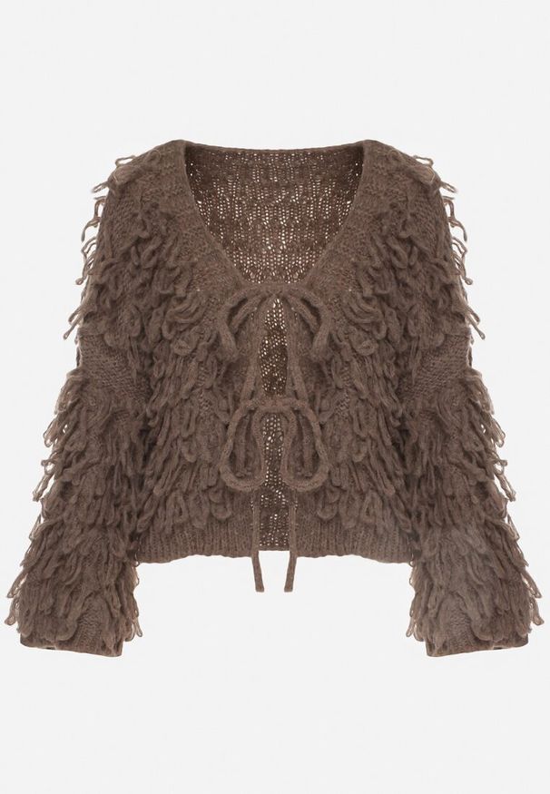 Born2be - Jasnobrązowy Wiązany Kardigan z Dodatkiem Wełny i Wiskozy Zdobiony Frędzlami Tiravea. Okazja: na co dzień. Typ kołnierza: dekolt w serek. Kolor: brązowy. Materiał: wiskoza, wełna. Długość rękawa: długi rękaw. Długość: długie. Wzór: aplikacja. Styl: casual, elegancki