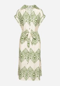 Born2be - Zielono-Beżowa Taliowana Sukienka Boho z Wiskozą Wiązana w Talii Paskiem Losofia. Okazja: na co dzień. Typ kołnierza: dekolt w kształcie V. Kolor: zielony. Materiał: wiskoza. Długość rękawa: krótki rękaw. Wzór: aplikacja. Sezon: lato. Styl: boho #5