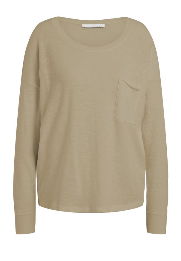 Bawełniany beżowy t-shirt z długim rękawem Oui. Kolor: beżowy. Materiał: bawełna. Długość rękawa: długi rękaw. Długość: długie