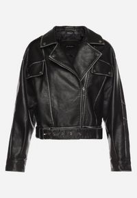 Born2be - Czarna Kurtka Ramoneska Vintage z Imitacji Skóry z Asymetrycznym Suwakiem i Patkami Kimina. Okazja: na co dzień. Kolor: czarny. Materiał: skóra. Styl: vintage #7