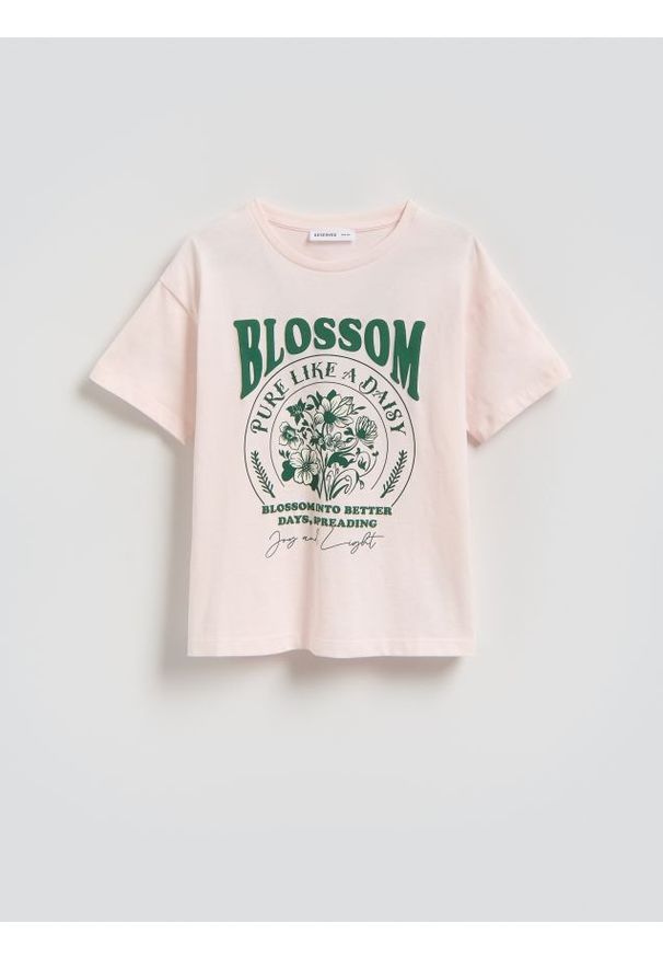 Reserved - Luźny t-shirt z nadrukiem - beżowy. Kolor: beżowy. Materiał: bawełna. Wzór: nadruk