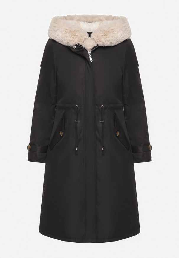 Born2be - Czarno-Beżowa Ocieplana Kurtka Parka ze Ściągaczem w Pasie z Odpinanym Futrem przy Kapturze Tintelissa. Okazja: na co dzień. Kolor: czarny. Materiał: futro. Styl: klasyczny, casual, elegancki, sportowy