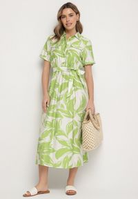 Born2be - Zielona Wiskozowa Sukienka o Koszulowym Kroju z Wiązanym Paskiem Uloanna. Okazja: na co dzień. Kolor: zielony. Materiał: wiskoza. Długość rękawa: krótki rękaw. Wzór: aplikacja. Typ sukienki: koszulowe. Styl: klasyczny, casual, elegancki #3