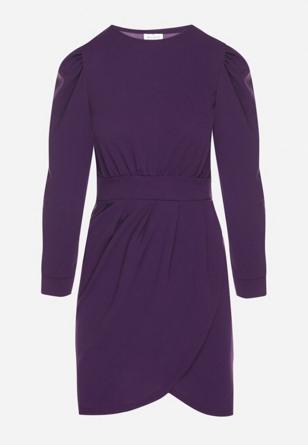 Born2be - Fioletowa Sukienka z Marszczeniem i Bufiastymi Rękawami Redenia. Kolor: fioletowy. Styl: elegancki, klasyczny