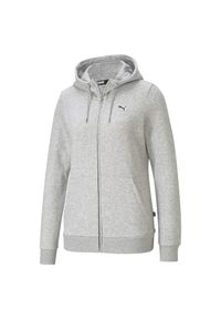 Kurtka dresowa z kapturem, zapinana na zamek, mały logo dla kobiet Puma. Typ kołnierza: kaptur. Kolor: szary. Materiał: dresówka. Wzór: aplikacja #1