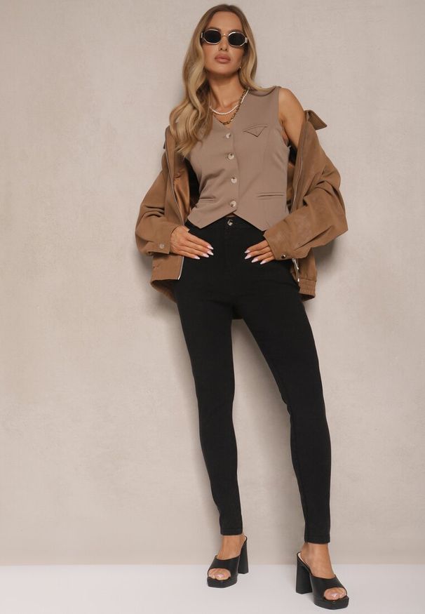 Renee - Czarne Jeansy Skinny z Bawełny High Waist Calliren. Okazja: na co dzień. Stan: podwyższony. Kolor: czarny. Styl: casual