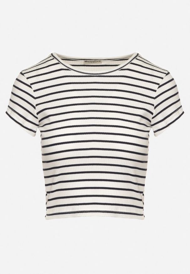 Born2be - Biało-Czarny Bawełniany T-shirt Prążkowany o Krótkim Kroju Quedara. Okazja: na co dzień. Kolor: biały. Materiał: bawełna, prążkowany. Długość: krótkie. Styl: casual, klasyczny