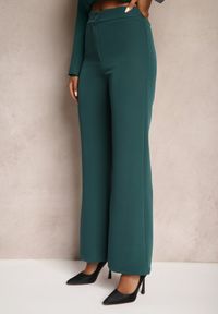 Renee - Ciemnozielone Szerokie Spodnie Materiałowe High Waist Dinnes. Stan: podwyższony. Kolor: zielony. Materiał: materiał. Wzór: gładki