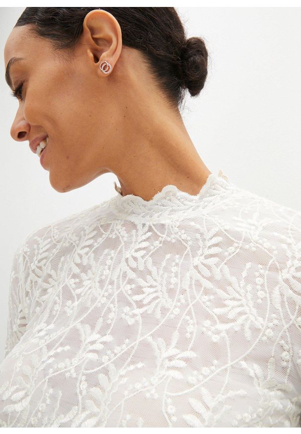 bonprix - Krótka bluzka koronkowa w ludowym stylu, długi rękaw. Kolor: biały. Materiał: koronka. Długość rękawa: długi rękaw. Długość: krótkie. Wzór: koronka