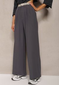 Renee - Szare Szerokie Spodnie w Stylu Garniturowym High Waist Folara. Stan: podwyższony. Kolor: szary. Materiał: tkanina #5