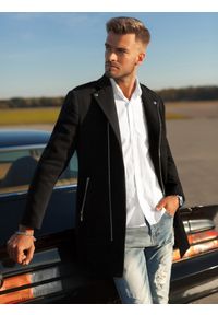 Ombre Clothing - Płaszcz męski na krój ramoneski - czarny V1 C537 - XL. Kolor: czarny. Materiał: poliester #10