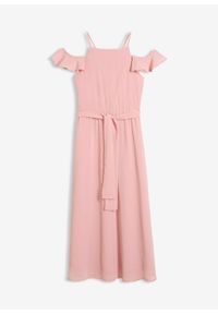 bonprix - Rozkloszowana sukienka z szyfonu. Typ kołnierza: typu carmen. Kolor: różowy. Materiał: szyfon. Długość rękawa: na ramiączkach. Sezon: lato. Styl: elegancki. Długość: maxi #1