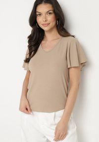 Born2be - Ciemnobeżowa Bluzka z Szerokimi Rękawami Sunevia. Okazja: na co dzień. Typ kołnierza: dekolt w kształcie V. Kolor: beżowy. Materiał: jeans. Styl: casual, elegancki #3