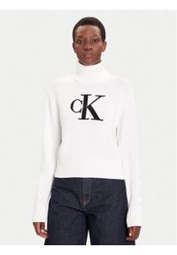 Calvin Klein Jeans Golf Chenille LV047D354G Biały Relaxed Fit. Typ kołnierza: golf. Kolor: biały. Materiał: syntetyk, bawełna #1