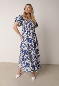Born2be - Niebieska Rozkloszowana Sukienka z Wiskozy z Bufiastymi Rękawami w Roślinny Wzór Semea. Okazja: do pracy, na co dzień, na spotkanie biznesowe. Kolor: niebieski. Materiał: wiskoza. Sezon: lato. Typ sukienki: proste, rozkloszowane. Styl: biznesowy, casual. Długość: maxi #5