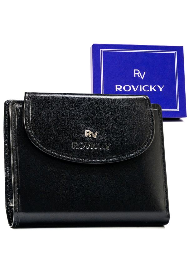 ROVICKY - Portfel damski skórzany RFID czarny Rovicky RV-70614-9-BCA. Kolor: czarny. Materiał: skóra. Wzór: napisy, aplikacja, gładki
