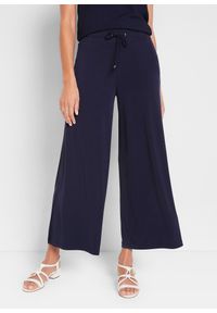 bonprix - Spodnie z dżerseju z wygodnym paskiem. Kolor: niebieski. Materiał: jersey. Styl: elegancki