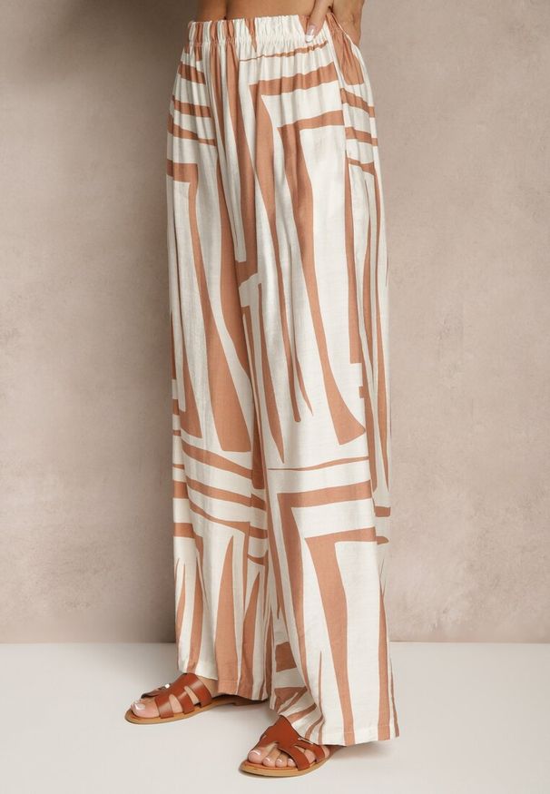 Renee - Beżowy Komplet o Kroju Oversize z Lnem Koszula i Szerokie Spodnie Miravinia. Kolor: beżowy. Materiał: len