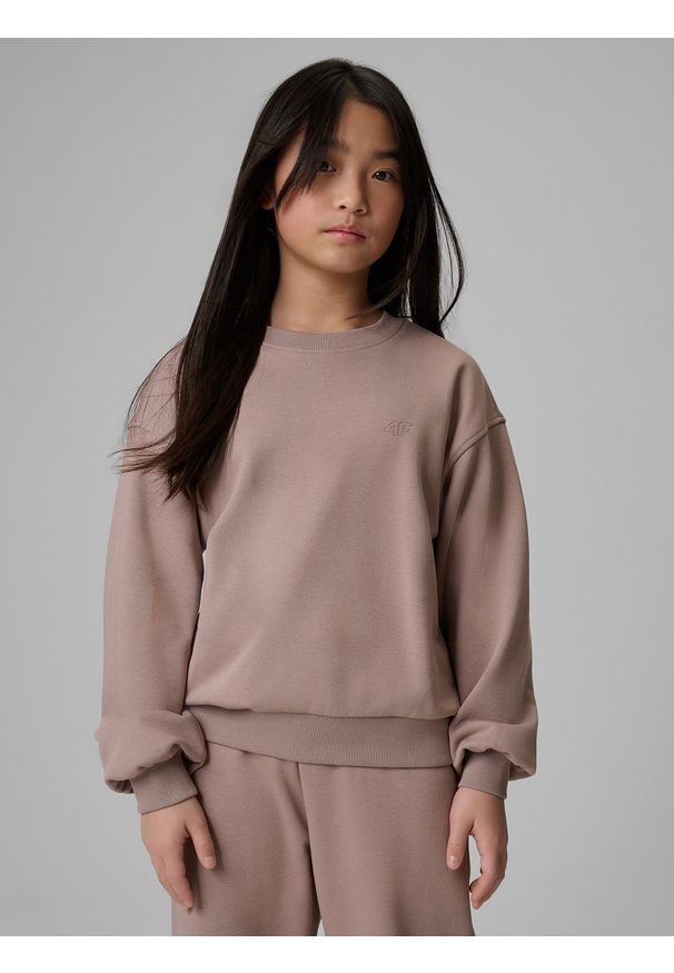 4f - 4F Bluza dresowa regular bez kaptura dziewczęca - beżowa 164 (13-14 lat). Okazja: na co dzień. Typ kołnierza: bez kaptura. Kolor: beżowy. Materiał: dresówka. Sezon: lato. Styl: casual
