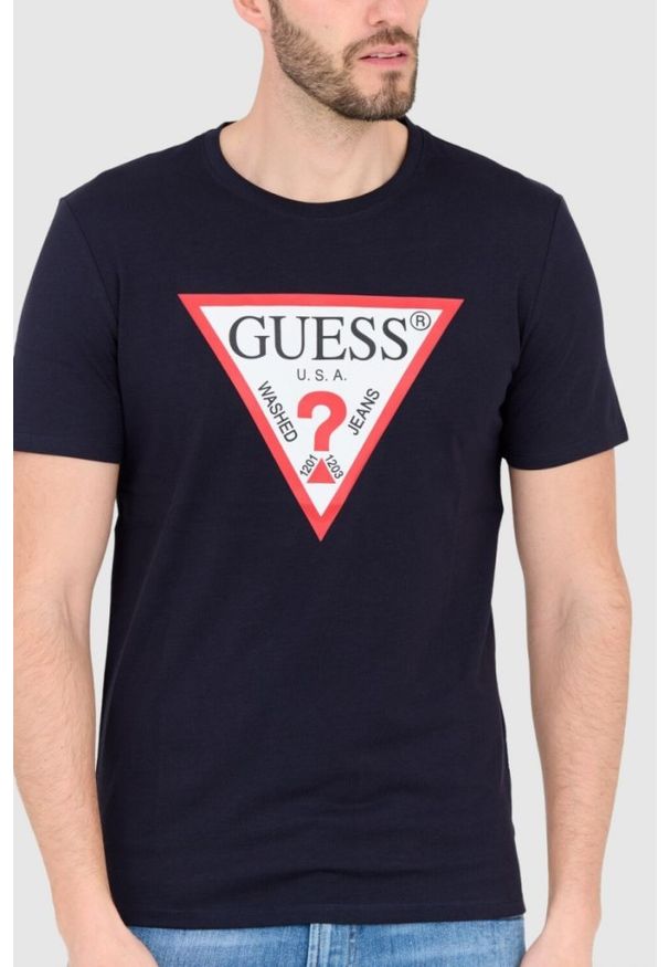 Guess - GUESS Granatowy męski t-shirt bawełniany slim fit, Rozmiar XL. Kolor: niebieski. Materiał: bawełna