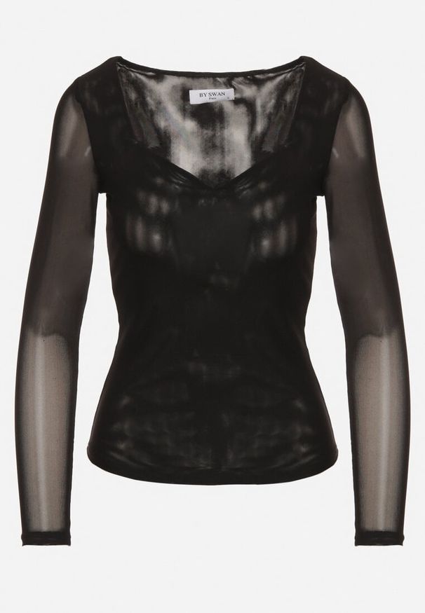 Born2be - Czarna Bluzka Siateczkowa z Wiskozą z Długim Rękawem i Dekoltem w Serce Elanne. Okazja: na co dzień. Kolor: czarny. Materiał: wiskoza. Długość rękawa: długi rękaw. Długość: długie. Styl: klasyczny, casual, elegancki