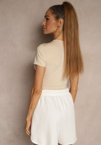 Renee - Beżowy Dopasowany T-shirt z Wiskozą o Kroju Crop Top Folaviela. Okazja: na co dzień. Kolor: beżowy. Materiał: wiskoza. Styl: casual