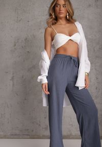 Renee - Niebieskie Teksturowane Spodnie Wide Leg z Wiązaniem w Talii Pirethei. Kolor: niebieski. Materiał: materiał. Styl: elegancki #6